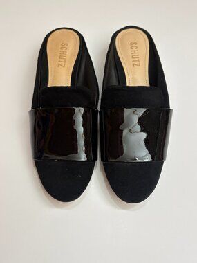 Schutz Black Suede & Patent Leather Mule Heels Size 6